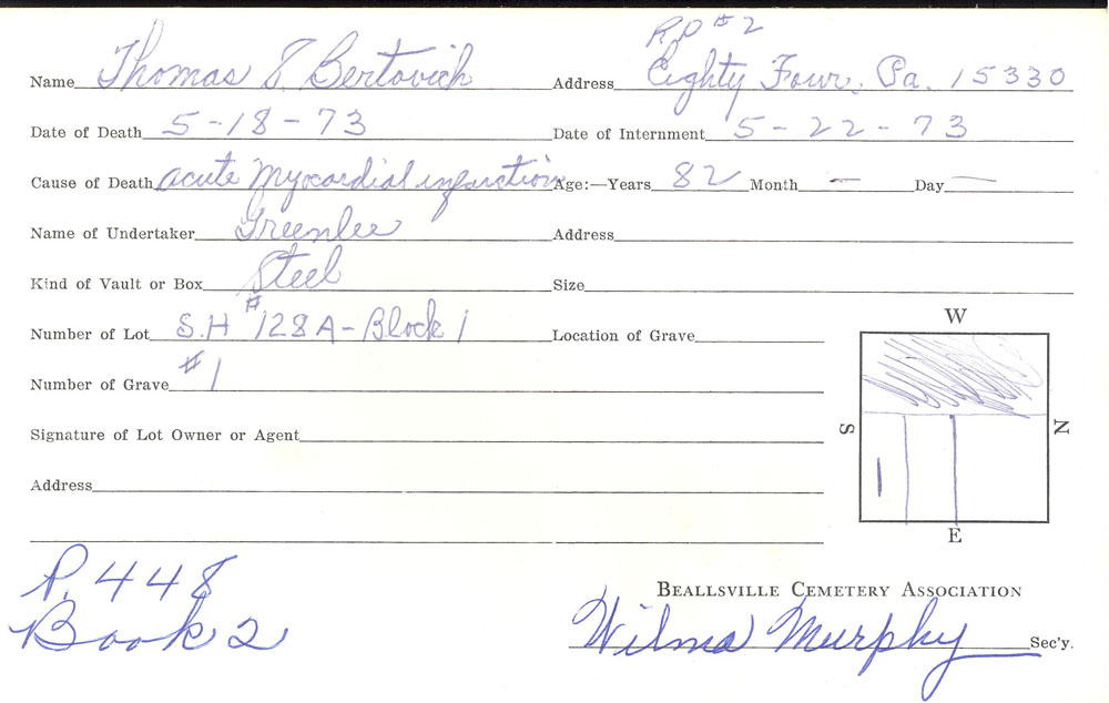 Thomas S. Bertovich burial card